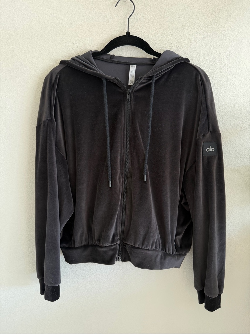 Alo Yoga Black Velour Zip-Up Hoodie Glimmer Velour